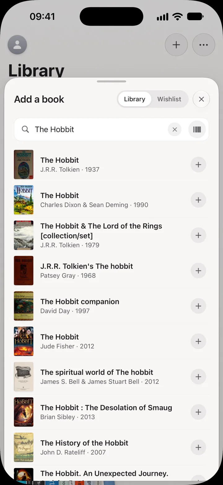 Adding a book by searching a title, with the barcode scanner and the Goodreads import nearby.