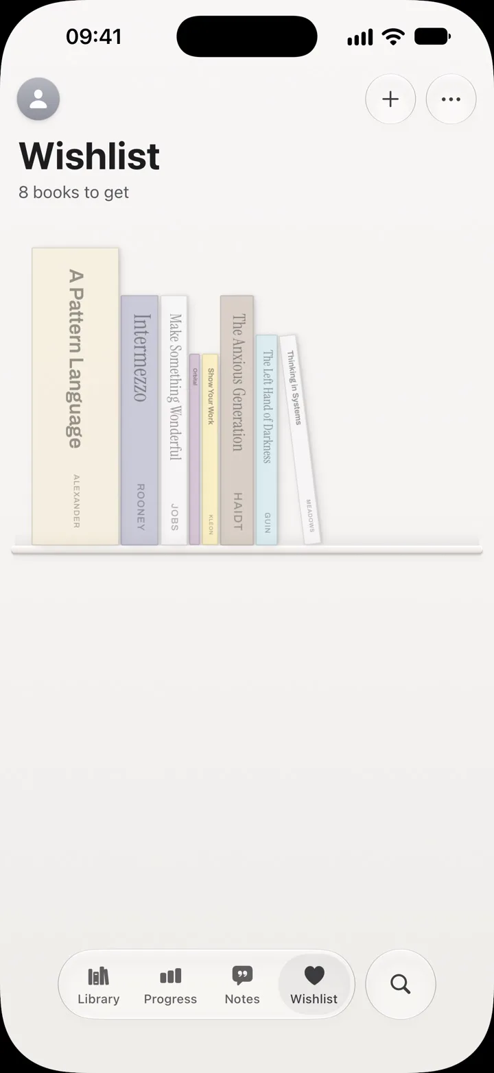 The wishlist, where books you want stand as see-through spines.